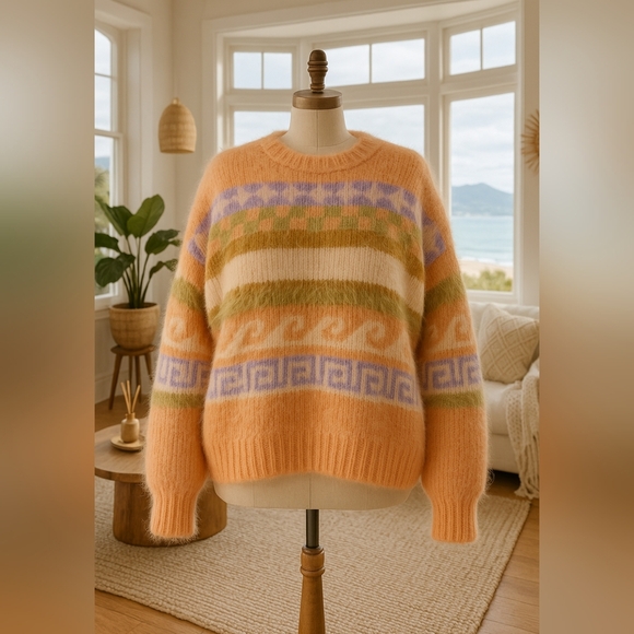 New XL Preppy Fair Isle Cozy Soft Knit Wool Crew Warm Slouchy Oversized Sweater - Picture 2 of 11